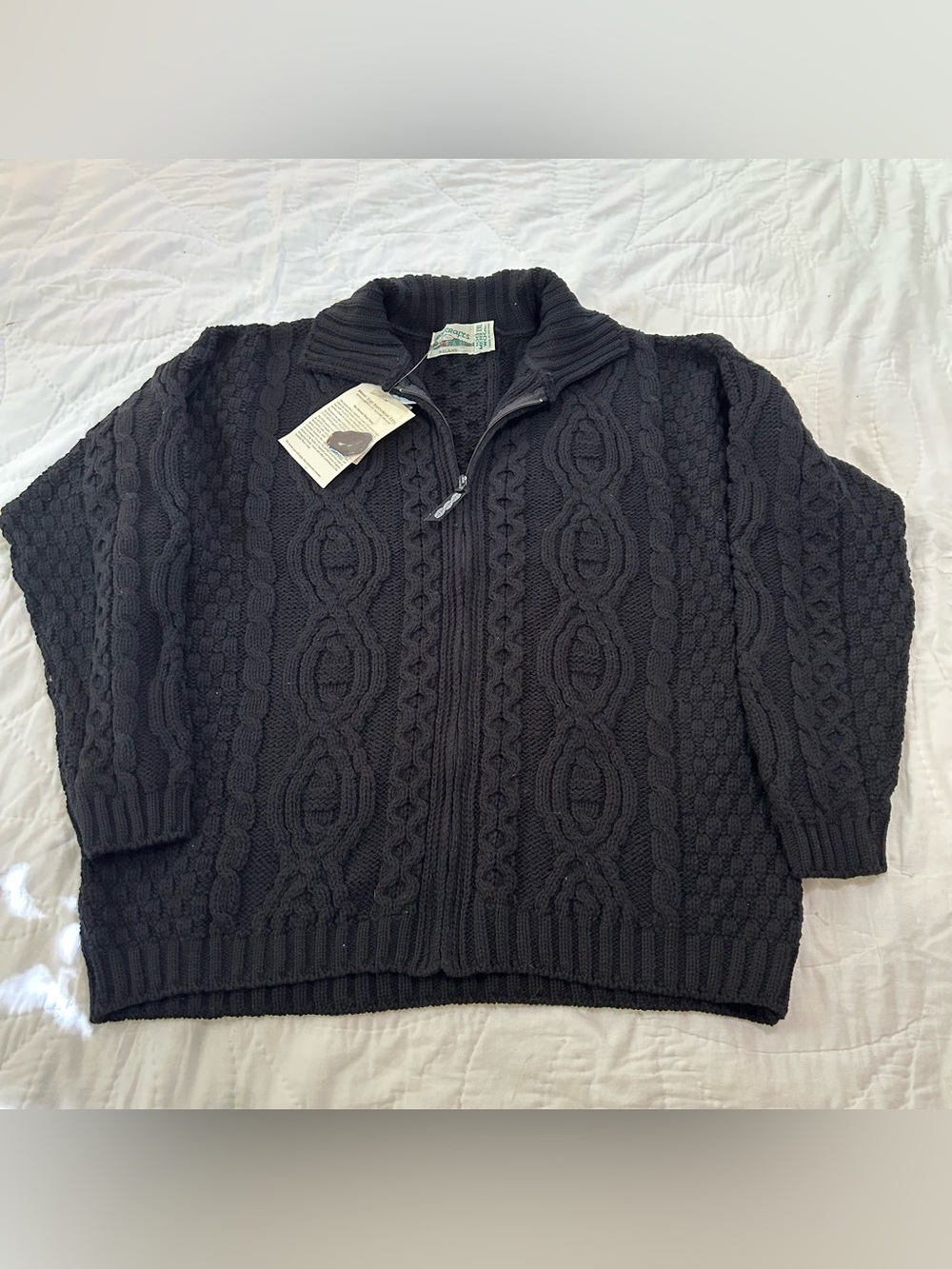 VTG Aran Crafts wool cable knit zip up cardigan sweater black XXL fisherman